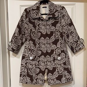Elegant Floral Pea Coat in Brown and Cream